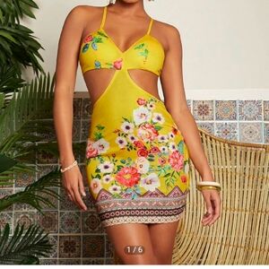 New, SHEIN Yellow Floral Cutout Mini Dress